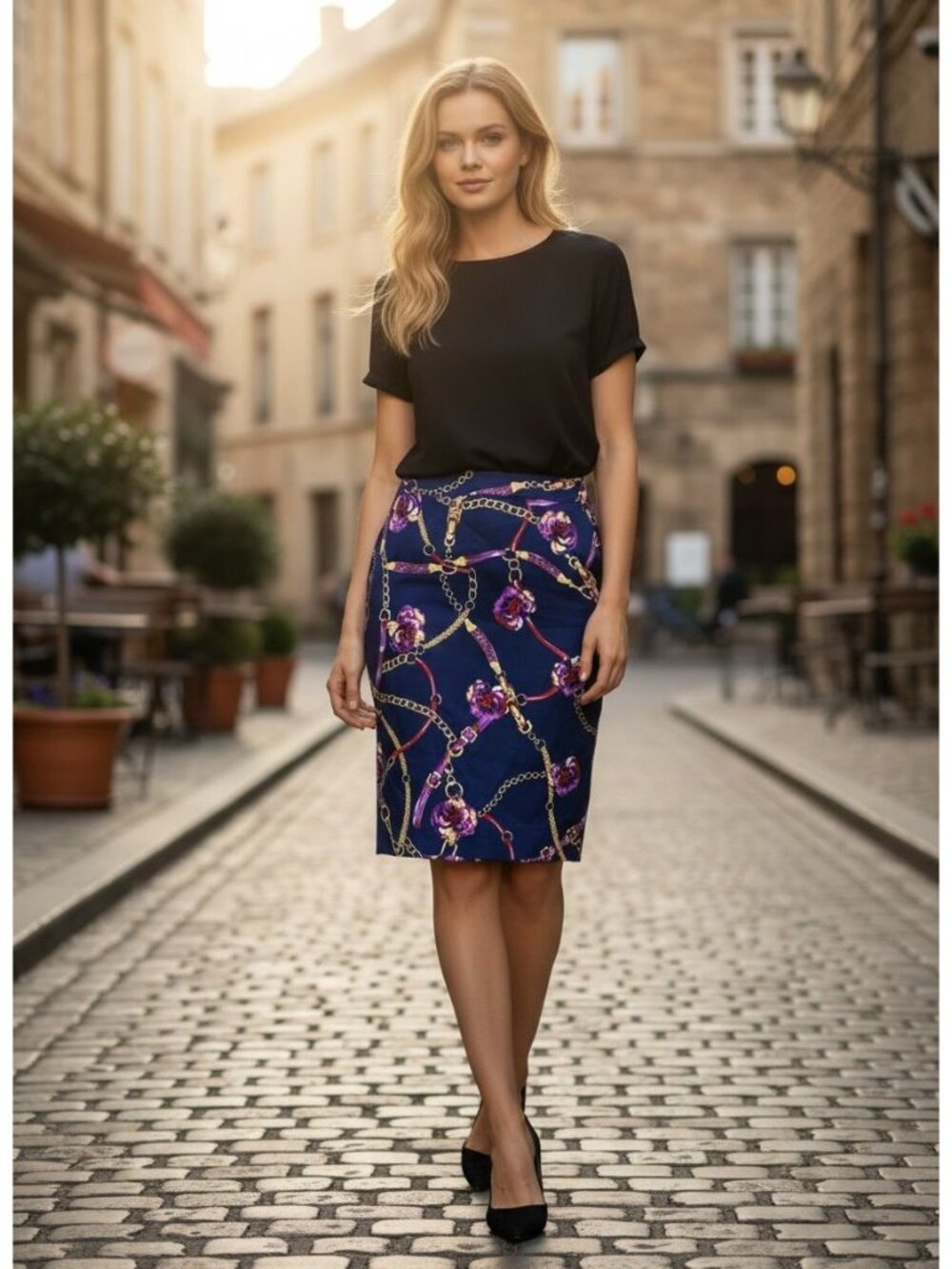 Charter Club Floral & Chain Print Midi Pencil Skirt Navy 10 Cotton Polyester